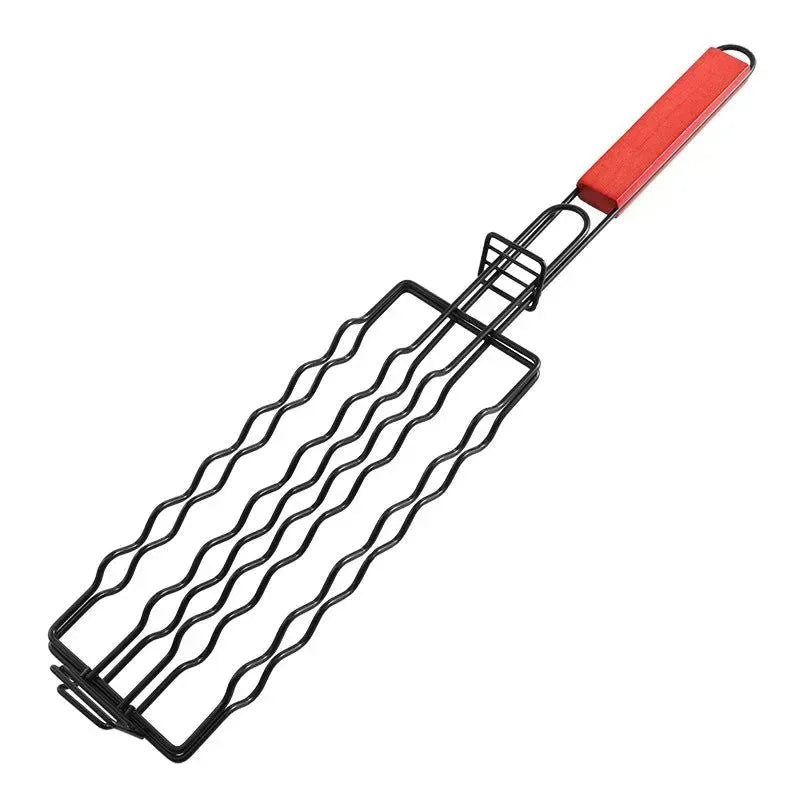 Non-Stick Sausage Grill Mesh BBQ Clip with Wooden Handle for Camping - Trekker Essentials
