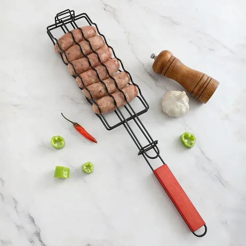 Non-Stick Sausage Grill Mesh BBQ Clip with Wooden Handle for Camping - Trekker Essentials