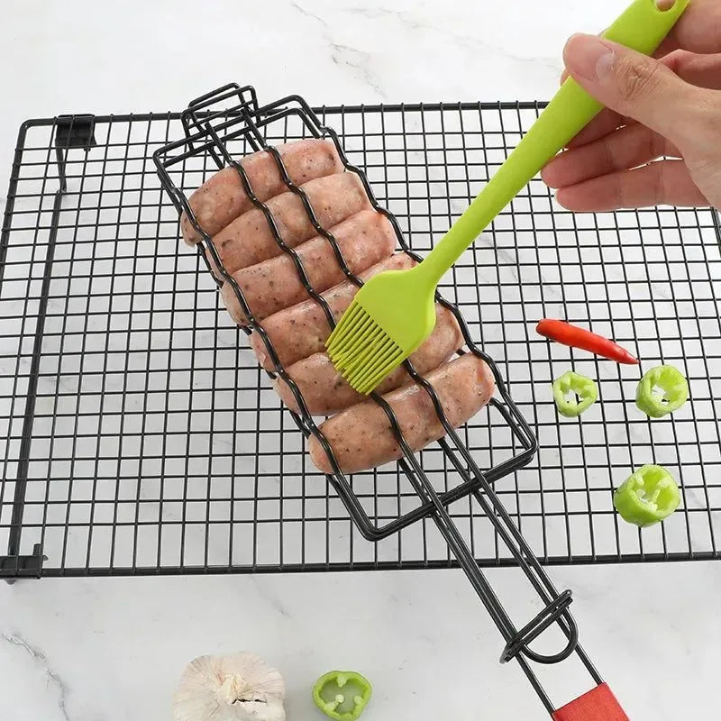 Non-Stick Sausage Grill Mesh BBQ Clip with Wooden Handle for Camping - Trekker Essentials