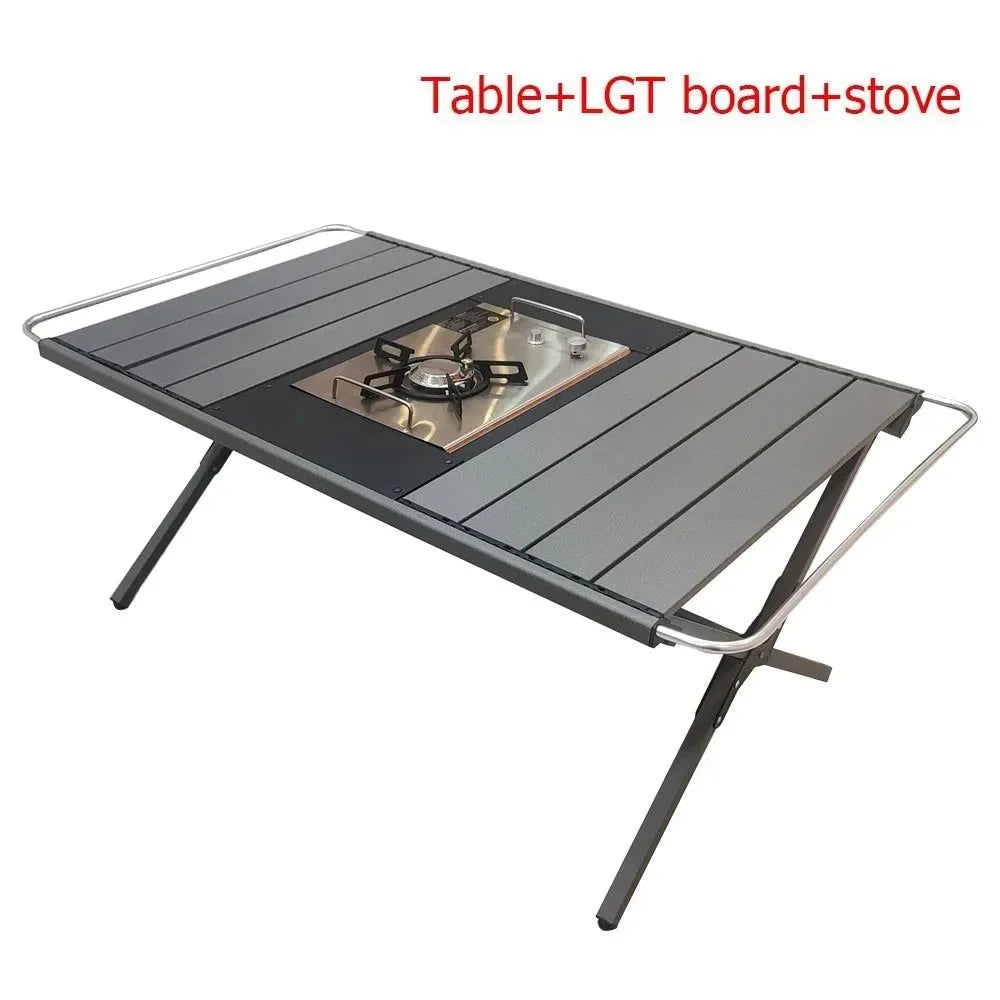 Outdoor Aluminum Alloy IGT Table - Portable Telescopic Camping Table with Gas Stove and Teaism Tray - Trekker Essentials
