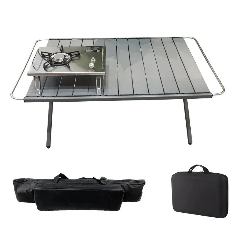 Outdoor Aluminum Alloy IGT Table - Portable Telescopic Camping Table with Gas Stove and Teaism Tray - Trekker Essentials
