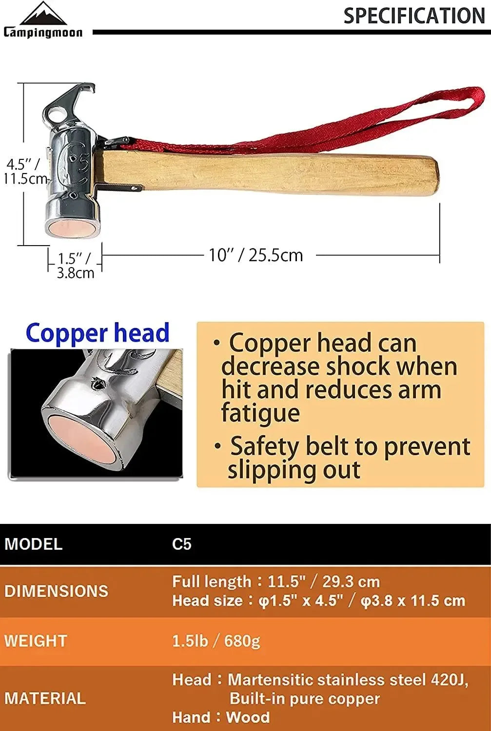 Outdoor Camping Chipping Hammer - Stainless Steel with Wooden Handle, Fixed Tent Nail Hammer with Safety Rope - Trekker Essentials