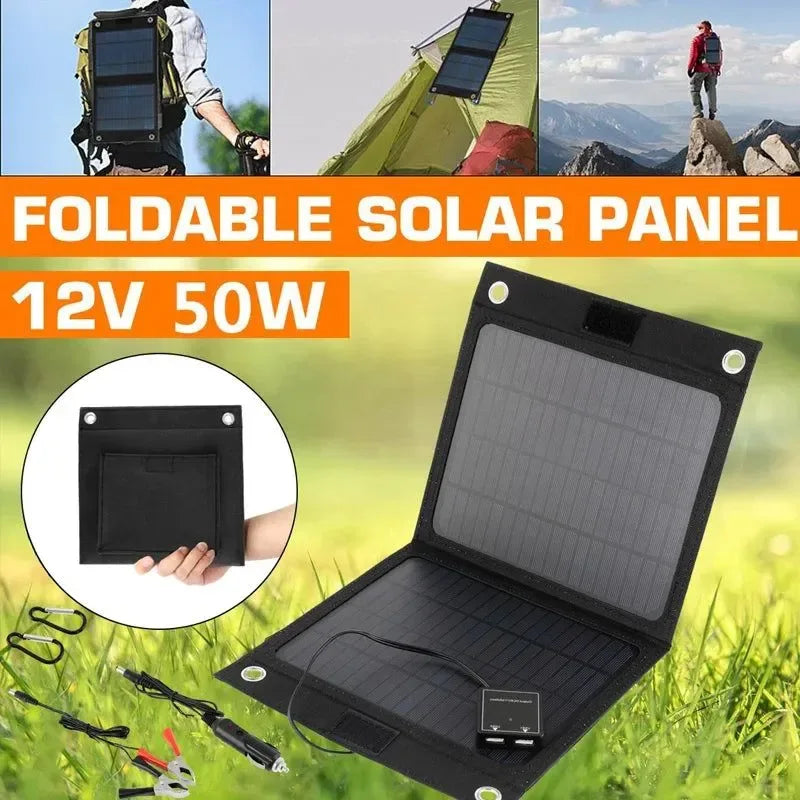 Outdoor Portable 12V 50W Folding Solar Panel Charger | Foldable Solar Cell Power Bank for Mobile Phone Hiking Battery with USB Port - Trekker Essentials