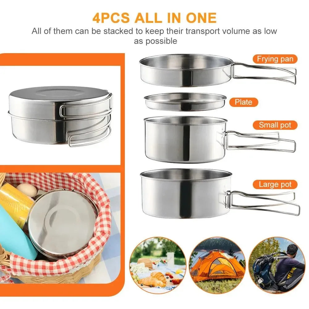 Outdoor Stainless-Steel Camping Cookware Set - Durable Bowl and Pot Set for Hiking, Backpacking, and Picnics - Trekker Essentials