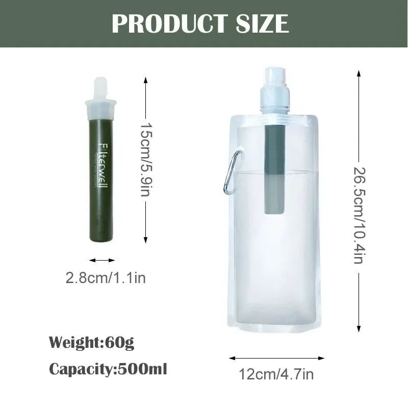 Outdoor Water Filter Straw Bottle - Survival and Emergency Camping Purification Water Purifier Bag for Camping and Hiking - Trekker Essentials