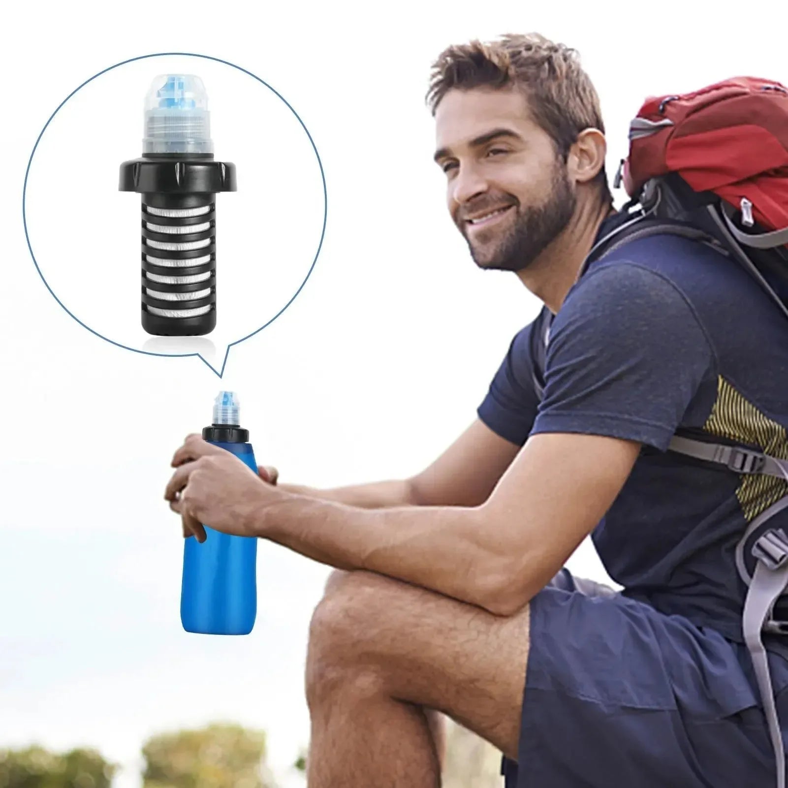 Outdoor Water Purifying Survival Water Filter Bottle - Essential Drinking Water Purifier for Backpacking, Emergency, Hiking, and Camping - Trekker Essentials