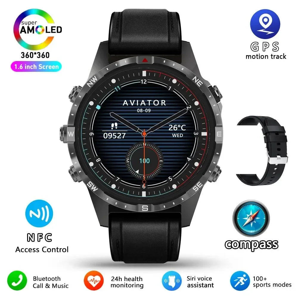 Outdoors Compass Smart Watch with GPS Tracker - 1.6 Inch AMOLED HD Screen, Bluetooth Call SmartWatch for Android iOS - Trekker Essentials