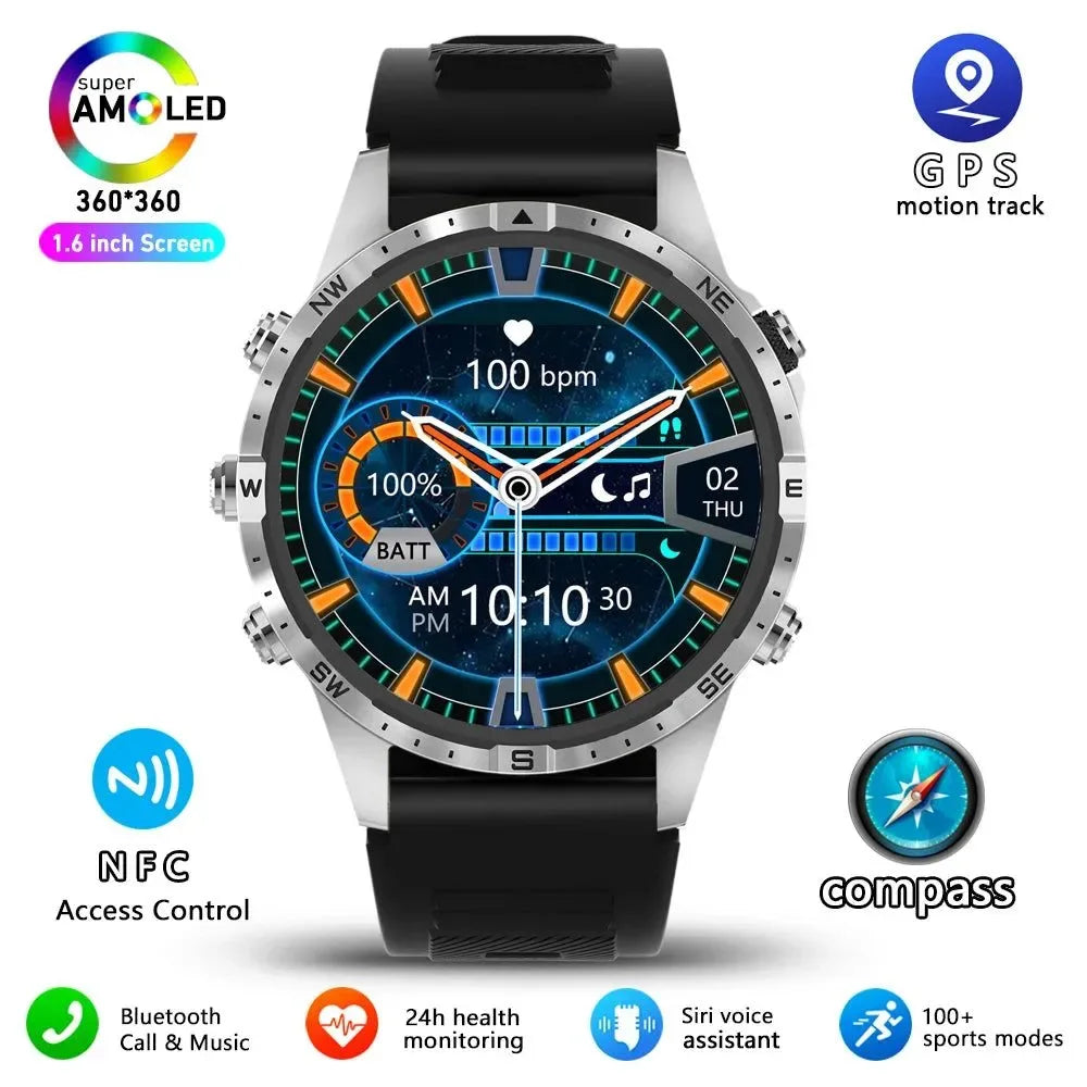 Outdoors Compass Smart Watch with GPS Tracker - 1.6 Inch AMOLED HD Screen, Bluetooth Call SmartWatch for Android iOS - Trekker Essentials