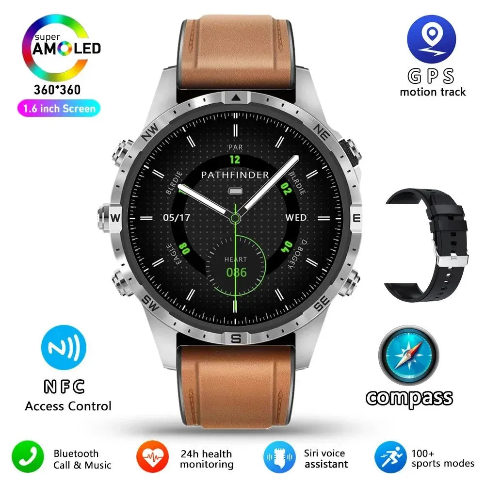 Outdoors Compass Smart Watch with GPS Tracker - 1.6 Inch AMOLED HD Screen, Bluetooth Call SmartWatch for Android iOS - Trekker Essentials