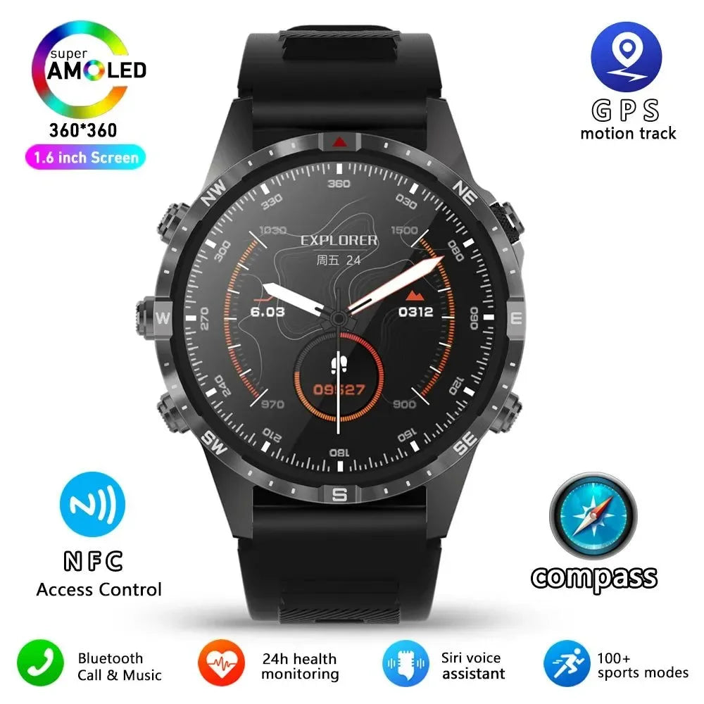 Outdoors Compass Smart Watch with GPS Tracker - 1.6 Inch AMOLED HD Screen, Bluetooth Call SmartWatch for Android iOS - Trekker Essentials