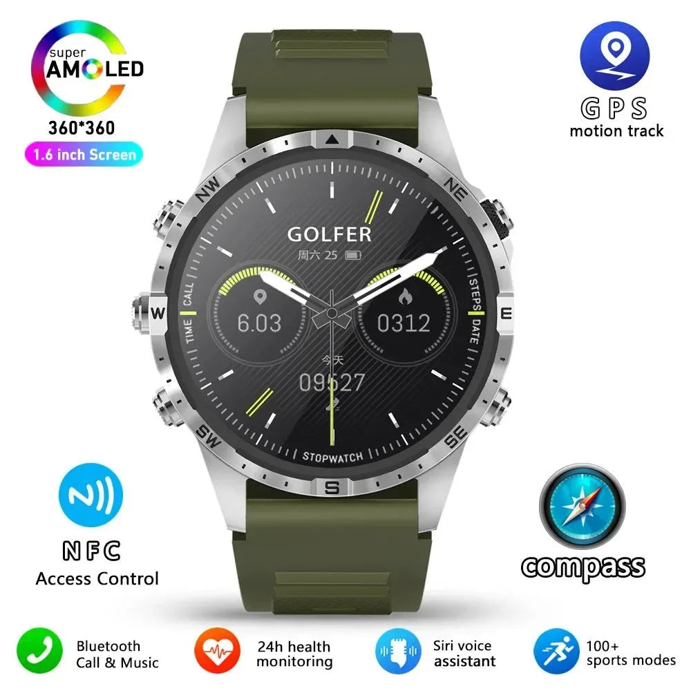 Outdoors Compass Smart Watch with GPS Tracker - 1.6 Inch AMOLED HD Screen, Bluetooth Call SmartWatch for Android iOS - Trekker Essentials