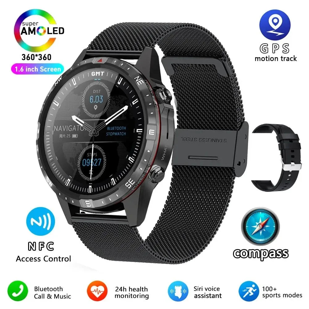 Outdoors Compass Smart Watch with GPS Tracker - 1.6 Inch AMOLED HD Screen, Bluetooth Call SmartWatch for Android iOS - Trekker Essentials