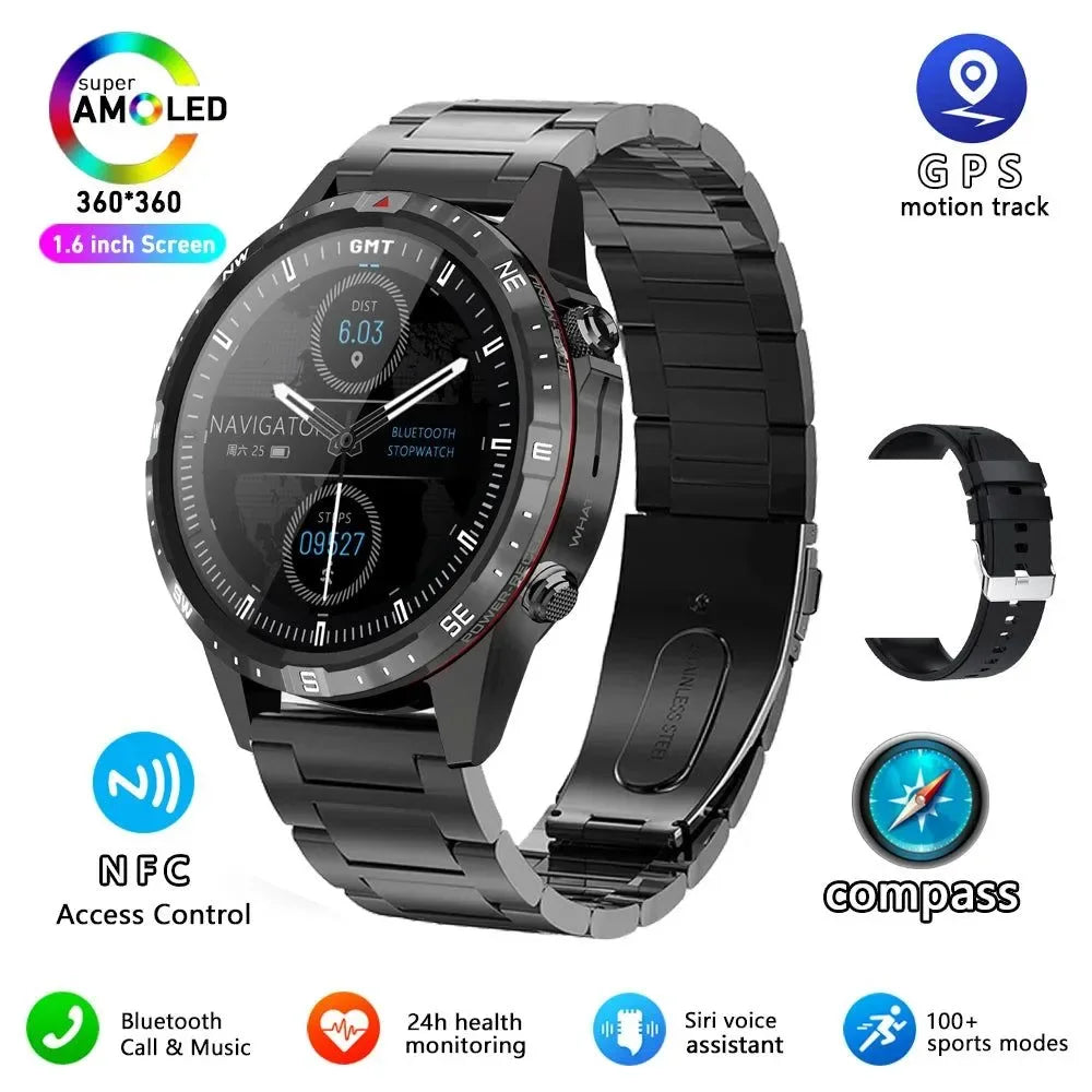 Outdoors Compass Smart Watch with GPS Tracker - 1.6 Inch AMOLED HD Screen, Bluetooth Call SmartWatch for Android iOS - Trekker Essentials