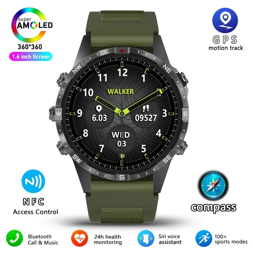 Outdoors Compass Smart Watch with GPS Tracker - 1.6 Inch AMOLED HD Screen, Bluetooth Call SmartWatch for Android iOS - Trekker Essentials