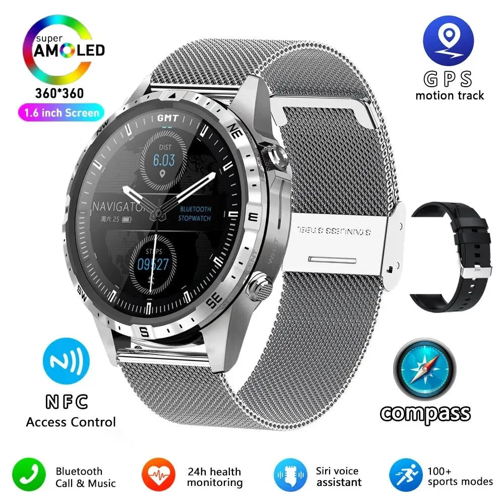 Outdoors Compass Smart Watch with GPS Tracker - 1.6 Inch AMOLED HD Screen, Bluetooth Call SmartWatch for Android iOS - Trekker Essentials