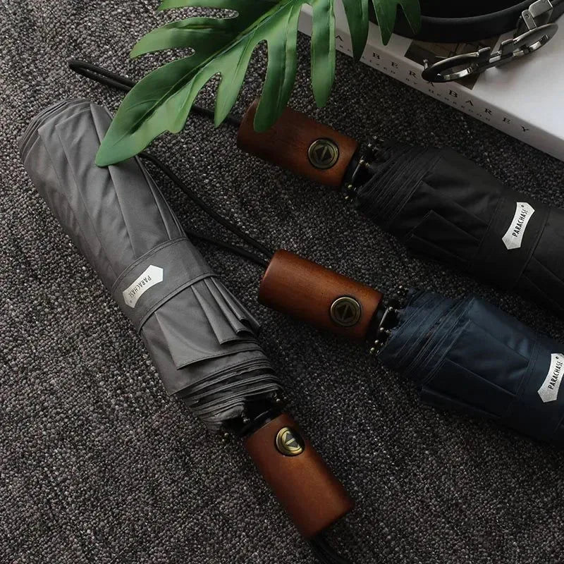 Parachase Automatic Umbrella - 10-Rib Golf Sun Umbrella, Wood Handle, Windproof & UV Protection - Trekker Essentials