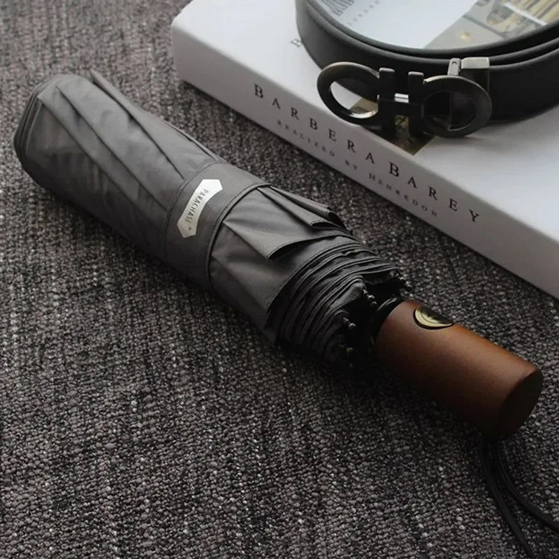 Parachase Automatic Umbrella - 10-Rib Golf Sun Umbrella, Wood Handle, Windproof & UV Protection - Trekker Essentials