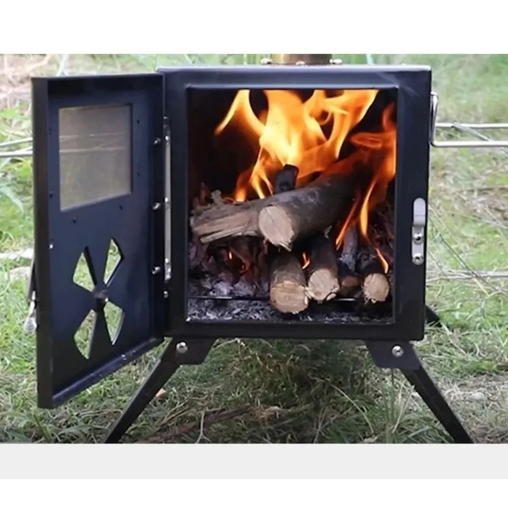 Portable Black Iron Wood Stove: Complete Tent Heating & Camping Cooking Stove Kit with Chimney - Trekker Essentials
