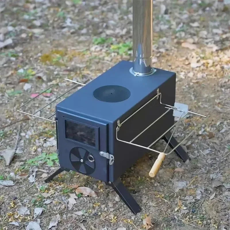 Portable Black Iron Wood Stove: Complete Tent Heating & Camping Cooking Stove Kit with Chimney - Trekker Essentials