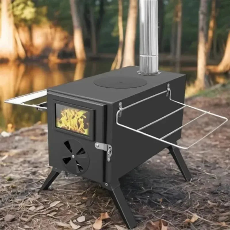 Portable Black Iron Wood Stove: Complete Tent Heating & Camping Cooking Stove Kit with Chimney - Trekker Essentials
