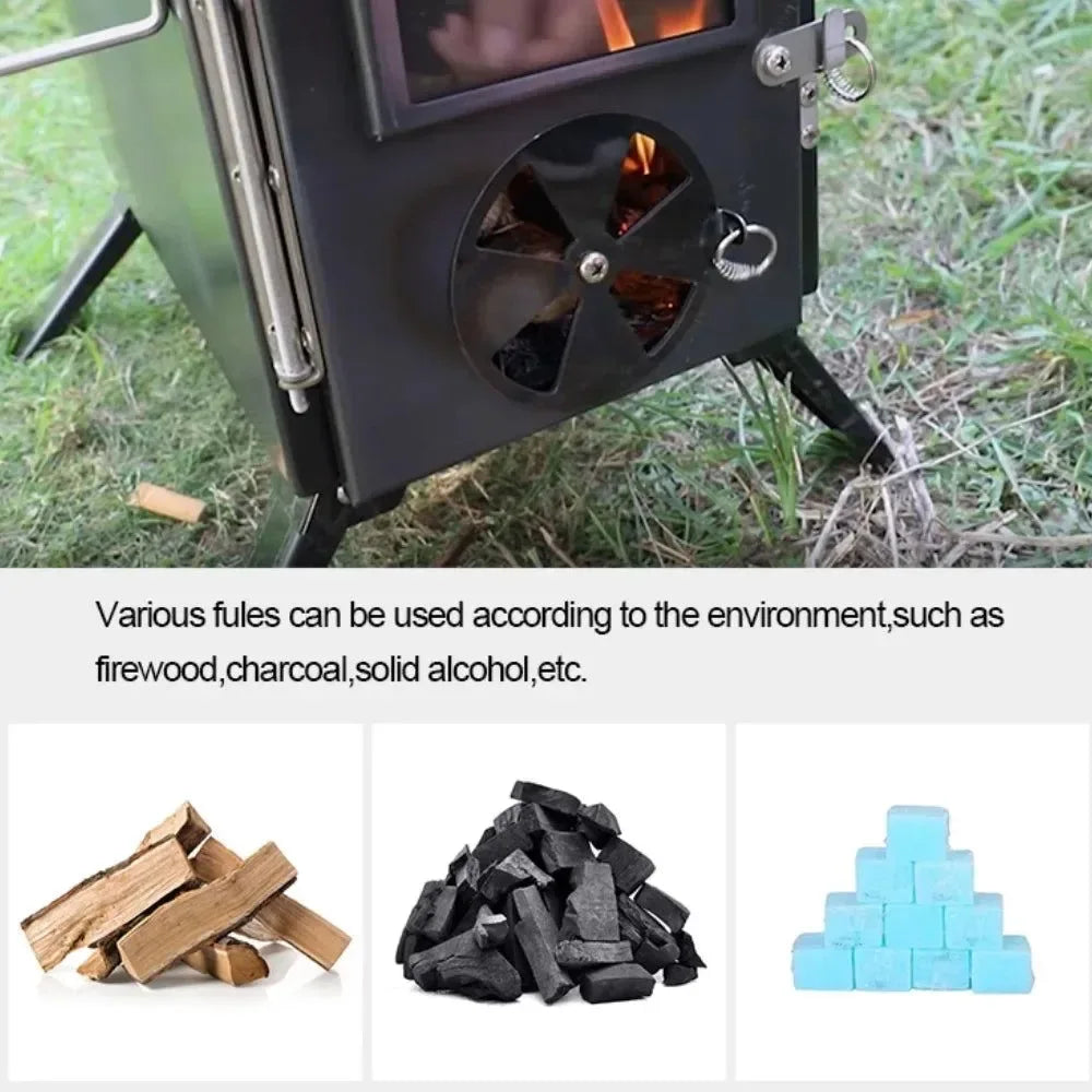 Portable Black Iron Wood Stove: Complete Tent Heating & Camping Cooking Stove Kit with Chimney - Trekker Essentials
