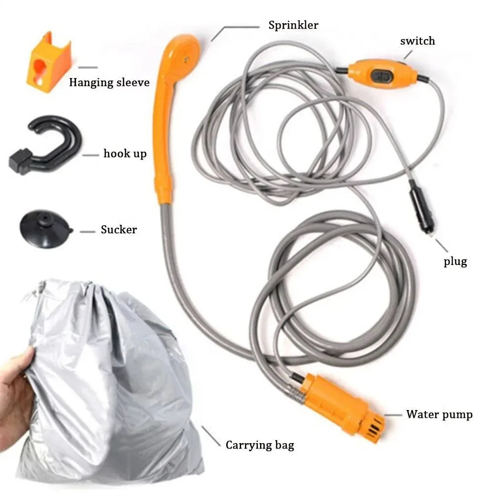 Portable Camping Shower - Car Cigarette Lighter Outdoor Shower for Hiking, Travel, Plant Watering, Car Cleaning, and Pet Bathing - Trekker Essentials