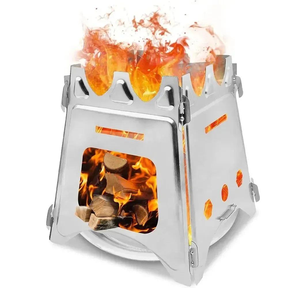Portable Camping Wood Stove - Stainless Steel Folding Lightweight Firewood Stove for Outdoor Hiking, Traveling, BBQ, and Picnic - Trekker Essentials