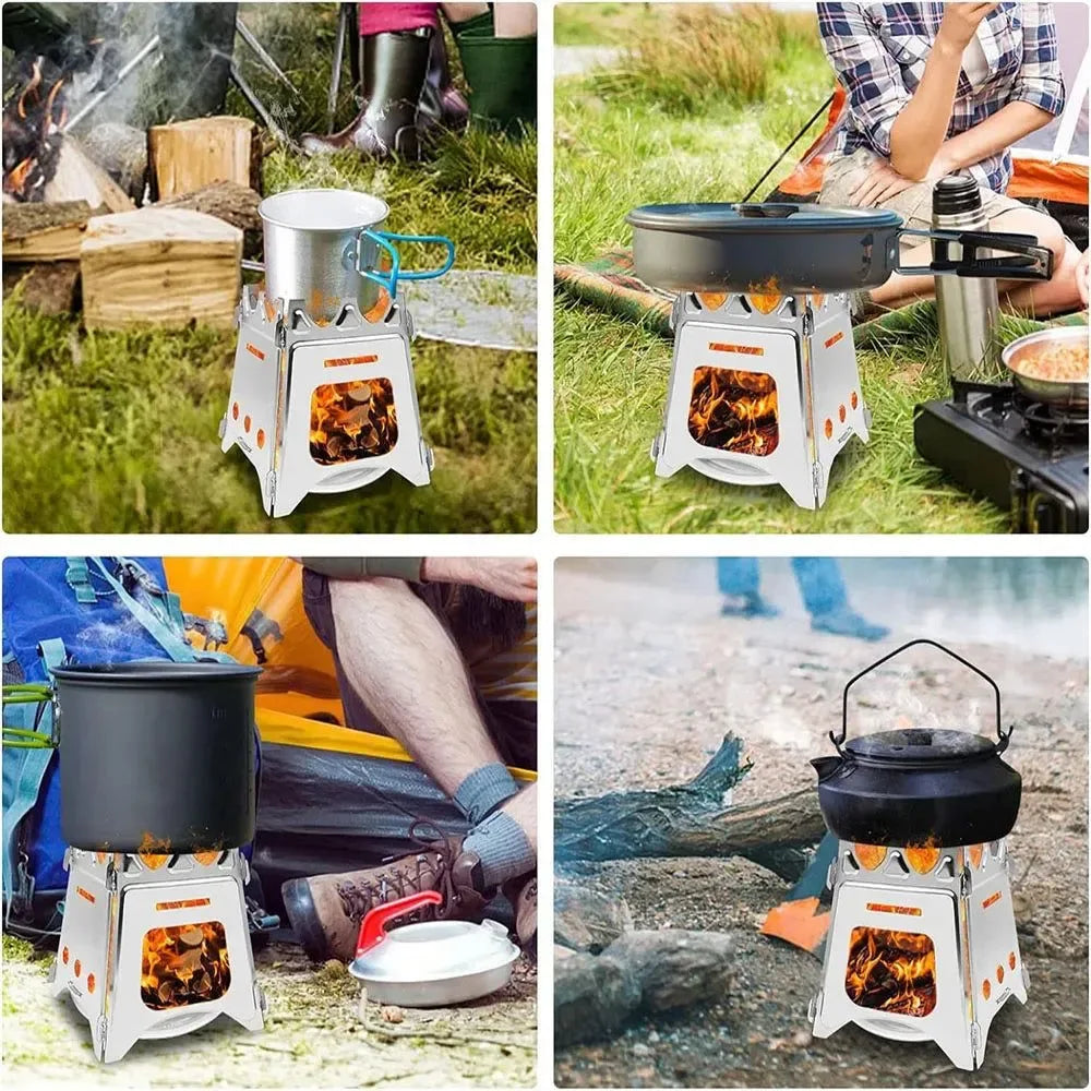 Portable Camping Wood Stove - Stainless Steel Folding Lightweight Firewood Stove for Outdoor Hiking, Traveling, BBQ, and Picnic - Trekker Essentials