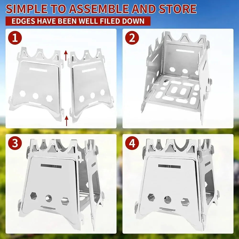 Portable Camping Wood Stove - Stainless Steel Folding Lightweight Firewood Stove for Outdoor Hiking, Traveling, BBQ, and Picnic - Trekker Essentials