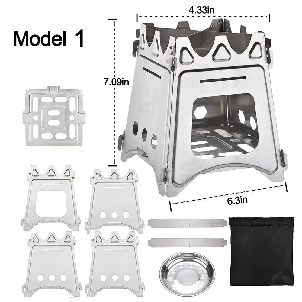 Portable Camping Wood Stove - Stainless Steel Folding Lightweight Firewood Stove for Outdoor Hiking, Traveling, BBQ, and Picnic - Trekker Essentials