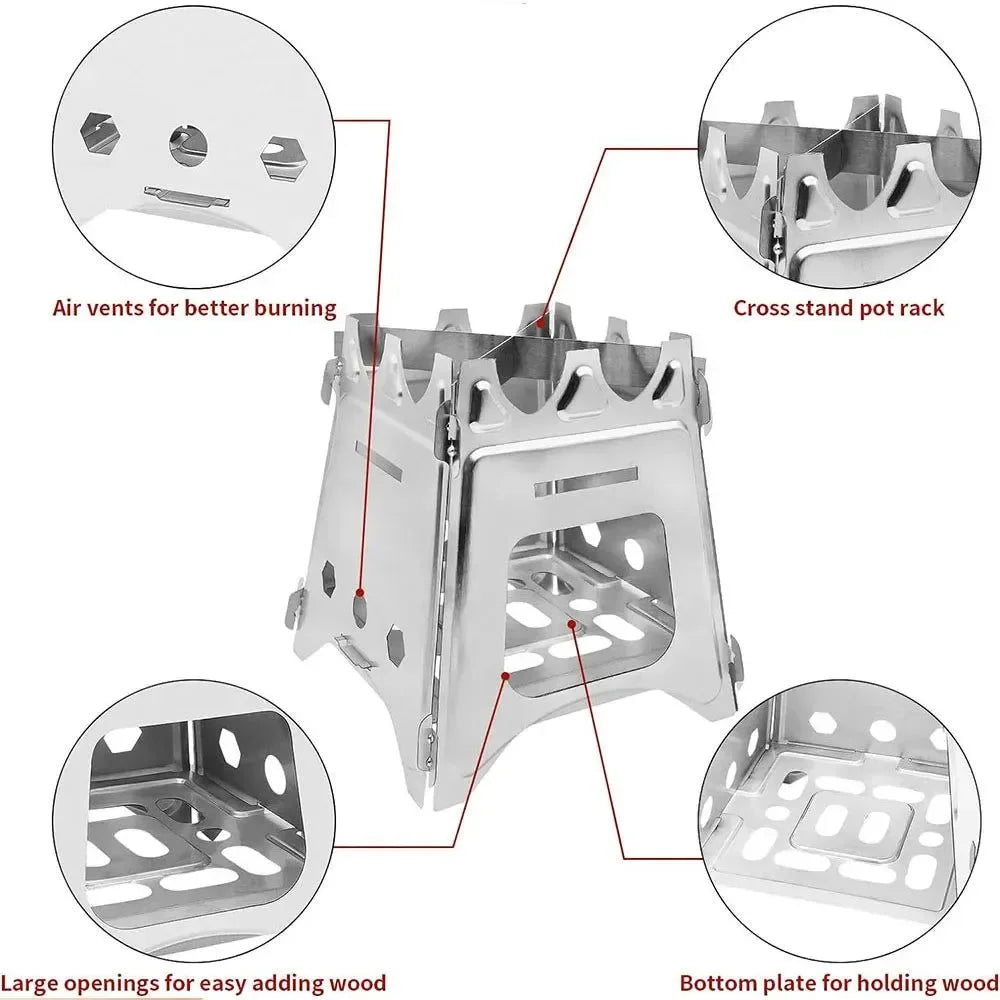 Portable Camping Wood Stove - Stainless Steel Folding Lightweight Firewood Stove for Outdoor Hiking, Traveling, BBQ, and Picnic - Trekker Essentials