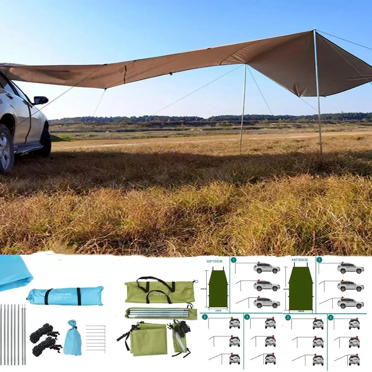 Portable Car Shelter Shade - Camping Side Car Roof Top Tent Anti-UV Sunshade Waterproof Awning Parasol Rain Canopy for SUV Jeep - Trekker Essentials