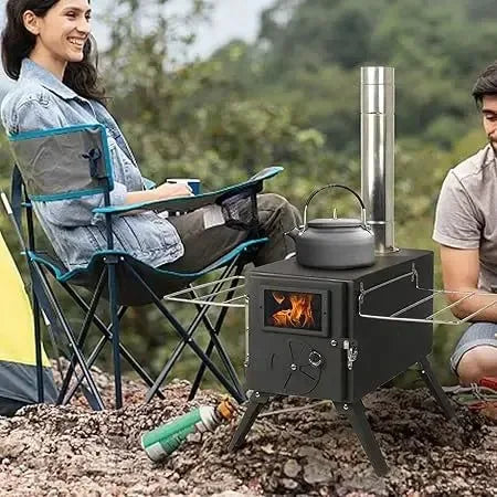 Portable Cast Iron Tent Stove with Jack & Chimney - Wood Burning Heater for Camping & Ice Fishing - Trekker Essentials