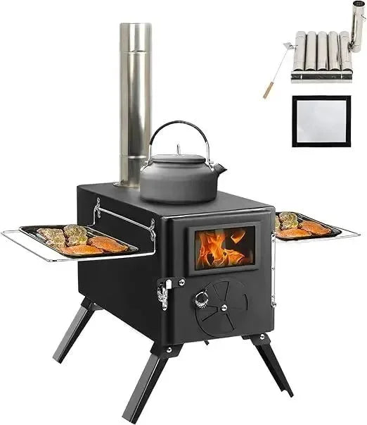 Portable Cast Iron Tent Stove with Jack & Chimney - Wood Burning Heater for Camping & Ice Fishing - Trekker Essentials