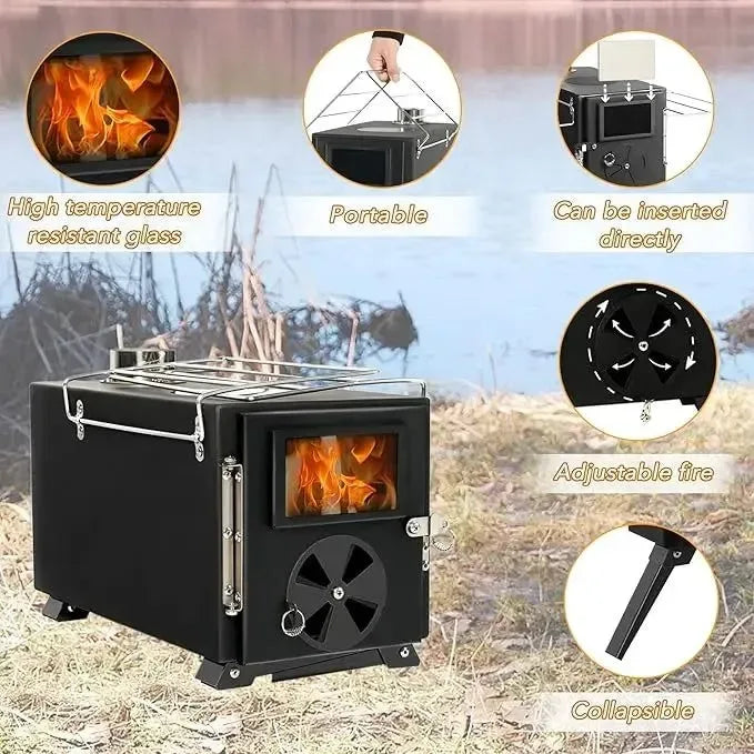 Portable Cast Iron Tent Stove with Jack & Chimney - Wood Burning Heater for Camping & Ice Fishing - Trekker Essentials