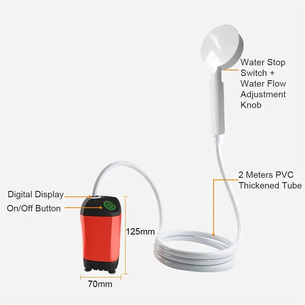 Portable Electric Camping Shower Pump - IPX7 Waterproof with Temperature Display for Hiking, Backpacking, Travel, Beach, Pet Bathing - Trekker Essentials