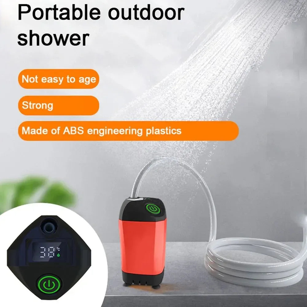 Portable Electric Camping Shower Pump - IPX7 Waterproof with Temperature Display for Hiking, Backpacking, Travel, Beach, Pet Bathing - Trekker Essentials