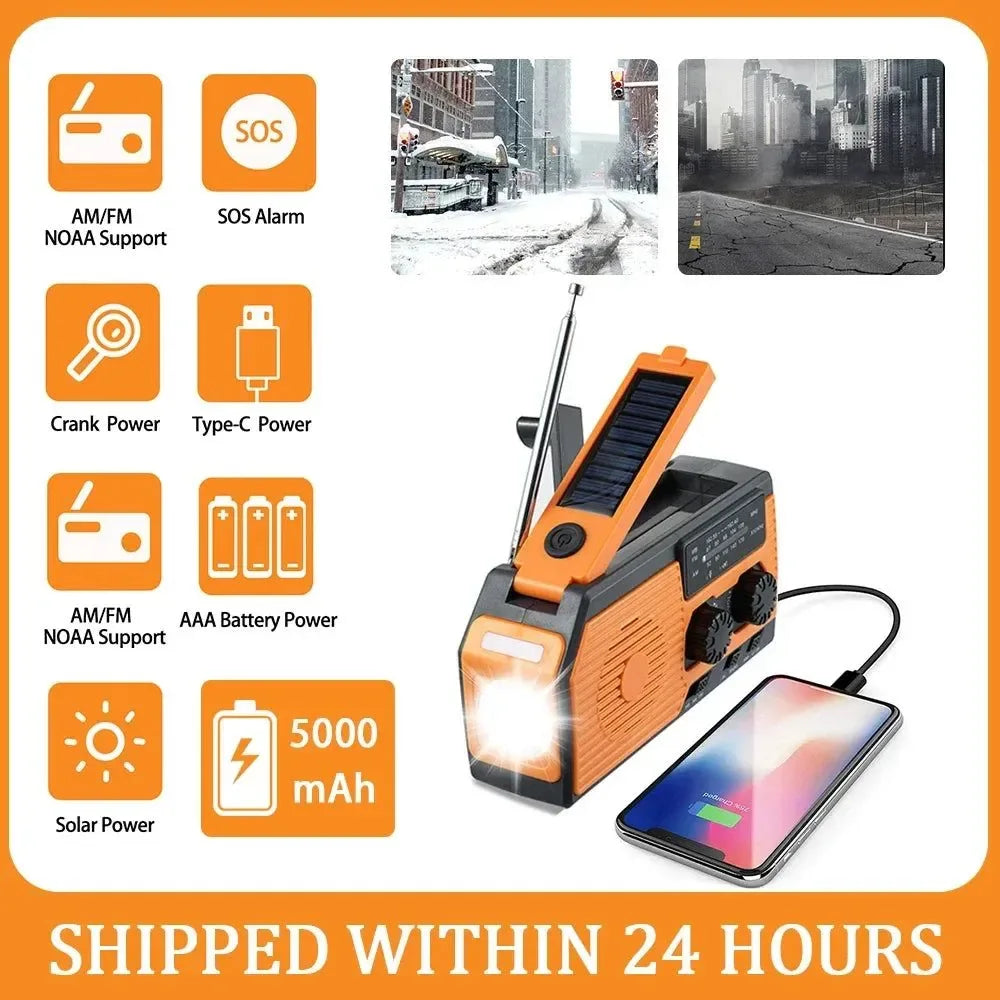 Portable Hand Crank Solar NOAA Weather Radio with AM/FM/WB, LED Flashlight, and 5000mAh Power Bank for Camping &
Trekking - Trekker Essentials