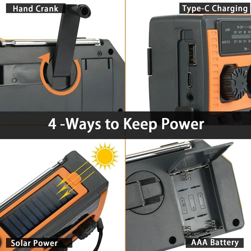 Portable Hand Crank Solar NOAA Weather Radio with AM/FM/WB, LED Flashlight, and 5000mAh Power Bank for Camping &
Trekking - Trekker Essentials