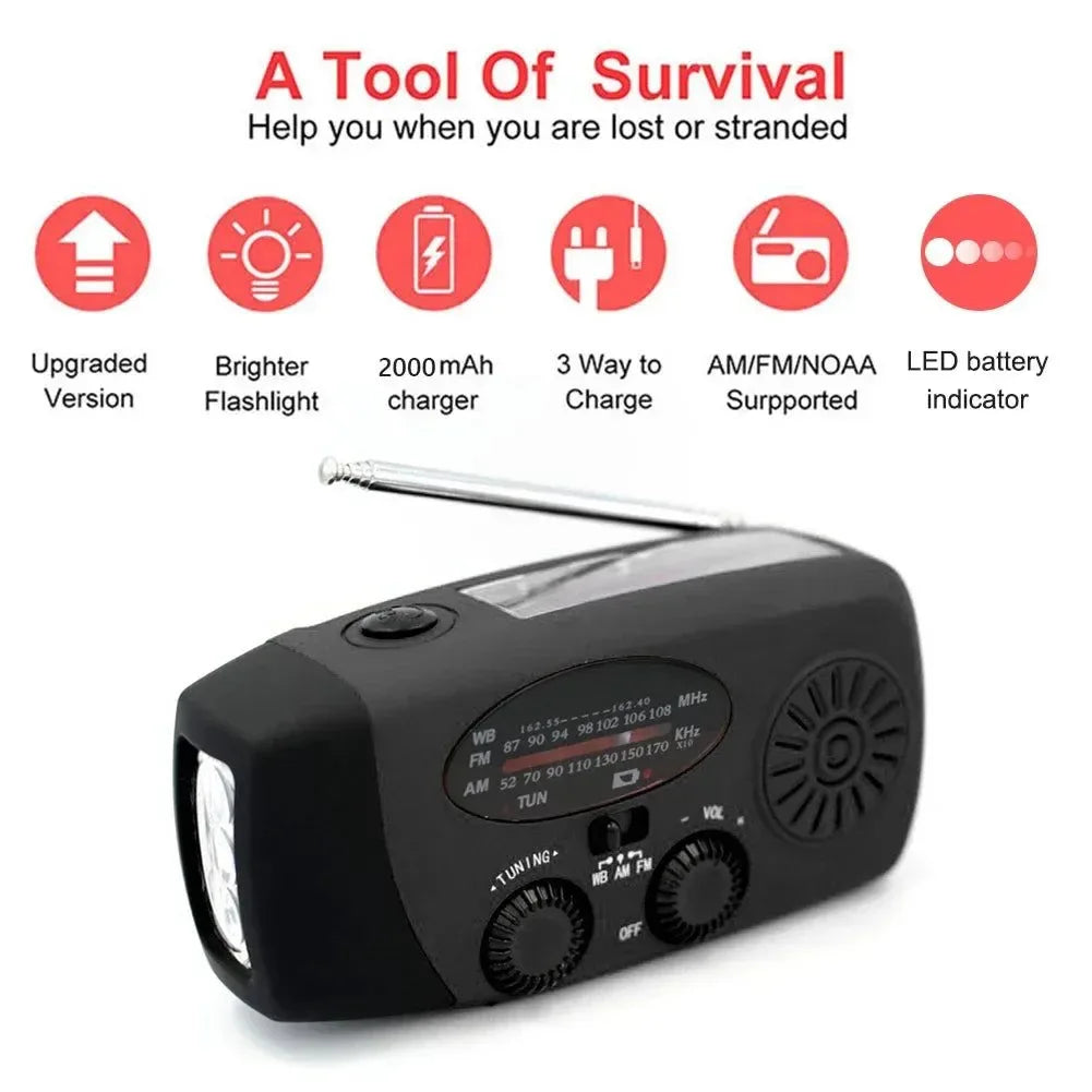 Portable Hand Crank Solar NOAA Weather Radio with AM/FM/WB, LED Flashlight, and 5000mAh Power Bank for Camping &
Trekking - Trekker Essentials