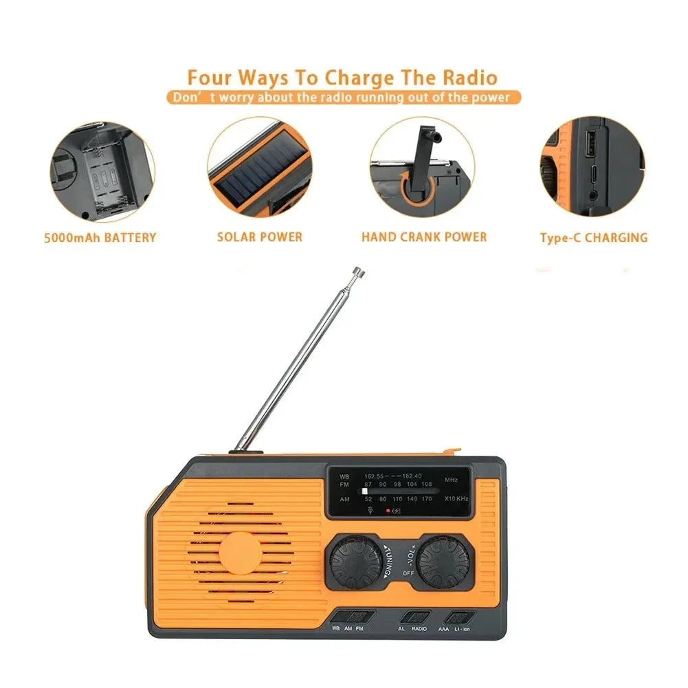Portable Hand Crank Solar NOAA Weather Radio with AM/FM/WB, LED Flashlight, and 5000mAh Power Bank for Camping &
Trekking - Trekker Essentials