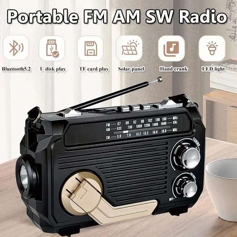 Portable High Sensitivity FM AM SW Radio - Solar Charging Emergency Receiver with Hand Crank, Bluetooth Speaker, Music Player, and Audio AUX - Trekker Essentials