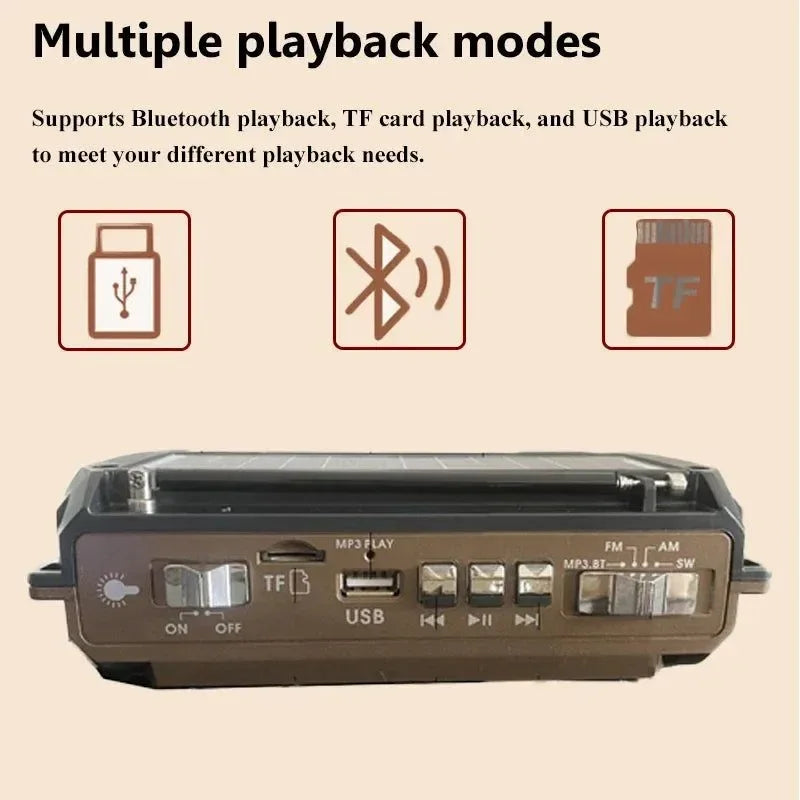 Portable High Sensitivity FM AM SW Radio - Solar Charging Emergency Receiver with Hand Crank, Bluetooth Speaker, Music Player, and Audio AUX - Trekker Essentials