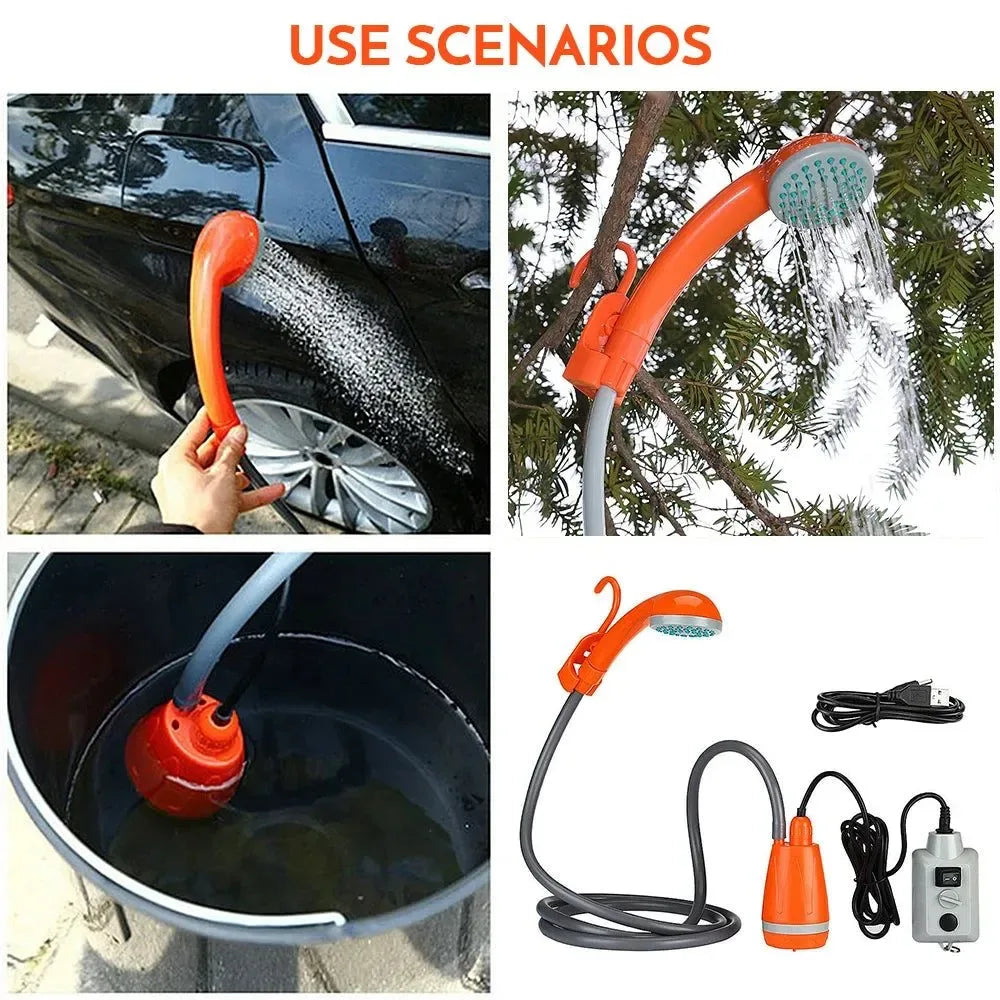 Portable Rechargeable Camping Shower Pump - Outdoor Shower Head with Bucket for Camping, Hiking, Traveling - Trekker Essentials