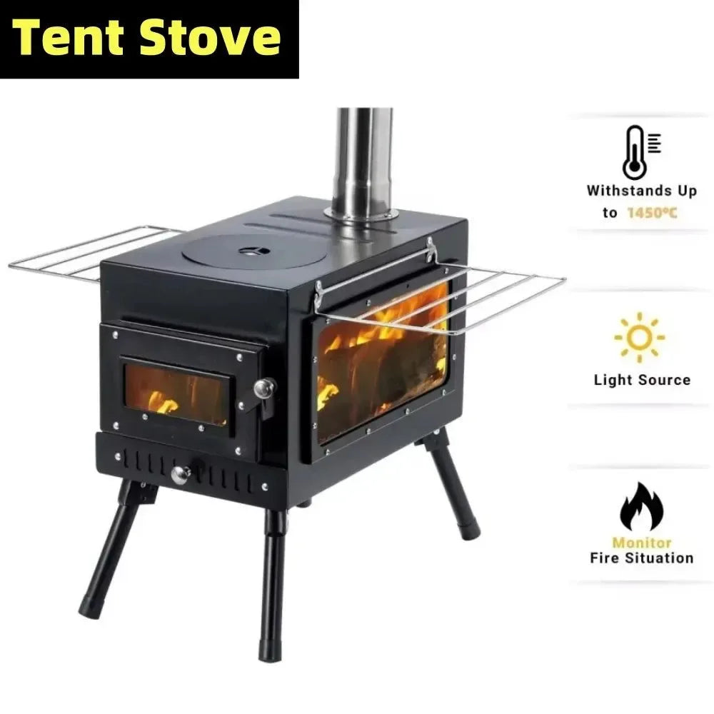 Portable Stainless Steel Tent Stove: Wood Burning Stove with Chimney Pipe for Camp Heating & Cooking - Trekker Essentials
