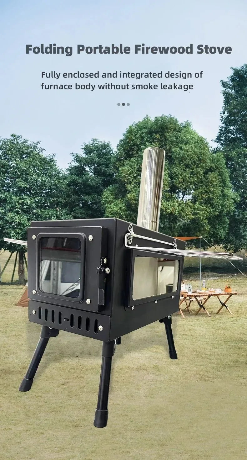 Portable Stainless Steel Tent Stove: Wood Burning Stove with Chimney Pipe for Camp Heating & Cooking - Trekker Essentials