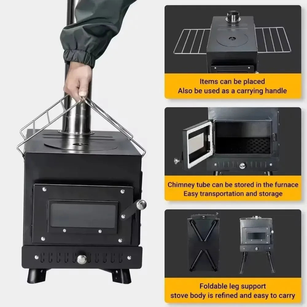 Portable Stainless Steel Tent Stove: Wood Burning Stove with Chimney Pipe for Camp Heating & Cooking - Trekker Essentials