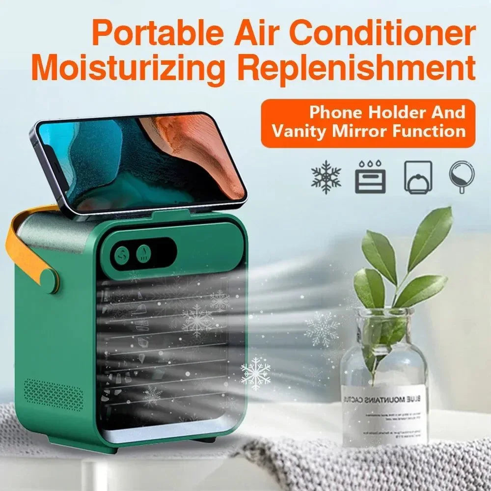 Portable USB Rechargeable Mini Air Cooler Fan with Phone Holder and Mirror - Trekker Essentials
