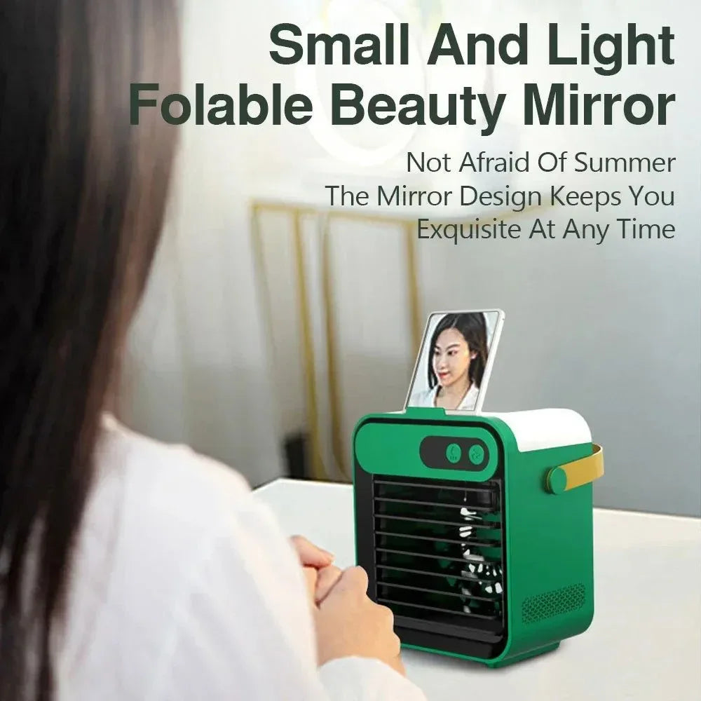 Portable USB Rechargeable Mini Air Cooler Fan with Phone Holder and Mirror - Trekker Essentials