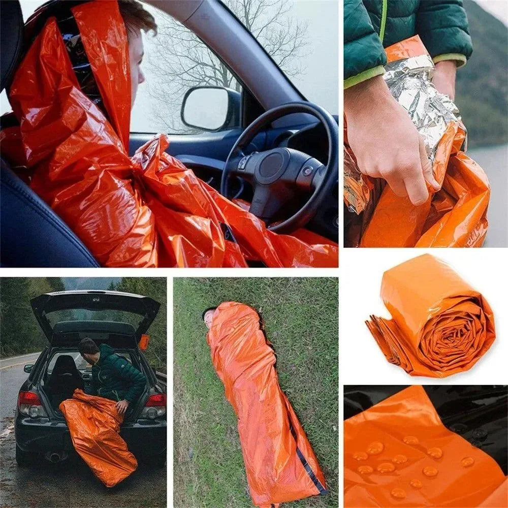 Portable Waterproof Emergency Survival Sleeping Bag - Thermal Sack, First Aid Rescue Kit, Mylar Blanket for Outdoor EDC Camping - Trekker Essentials